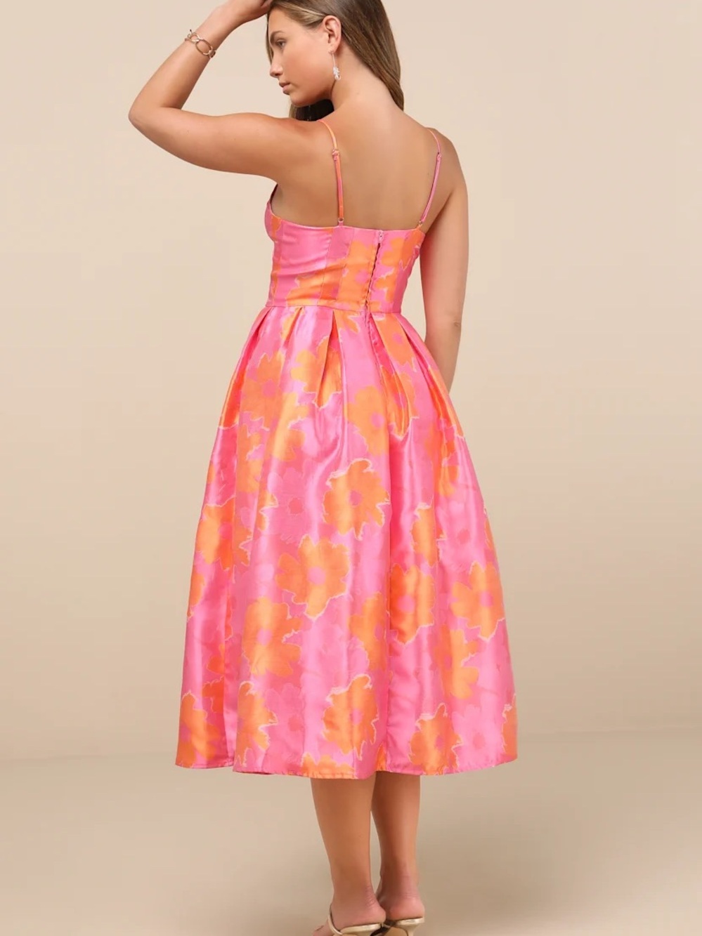 Lulu's Pink and Orange Floral Sweetheart Midi Dress - Picture 4 of 4
